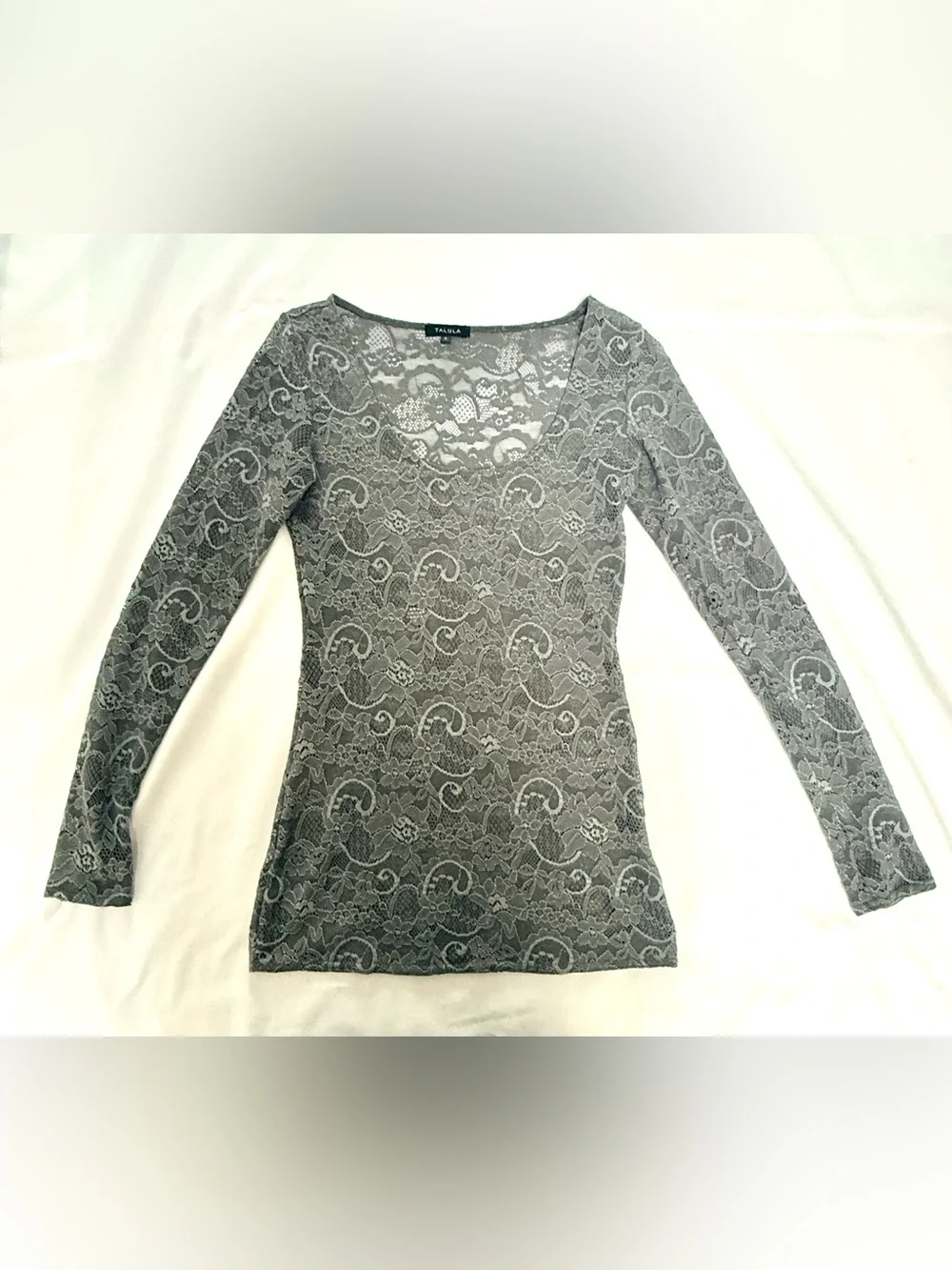Aritzia Talula Grey Lace Long Sleeve Top Romantic Sheer Y2K - Picture 3 of 9